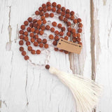 8mm Brown Rudraksha Clear Quartz Beads Necklace 108 Knot Calming Restore