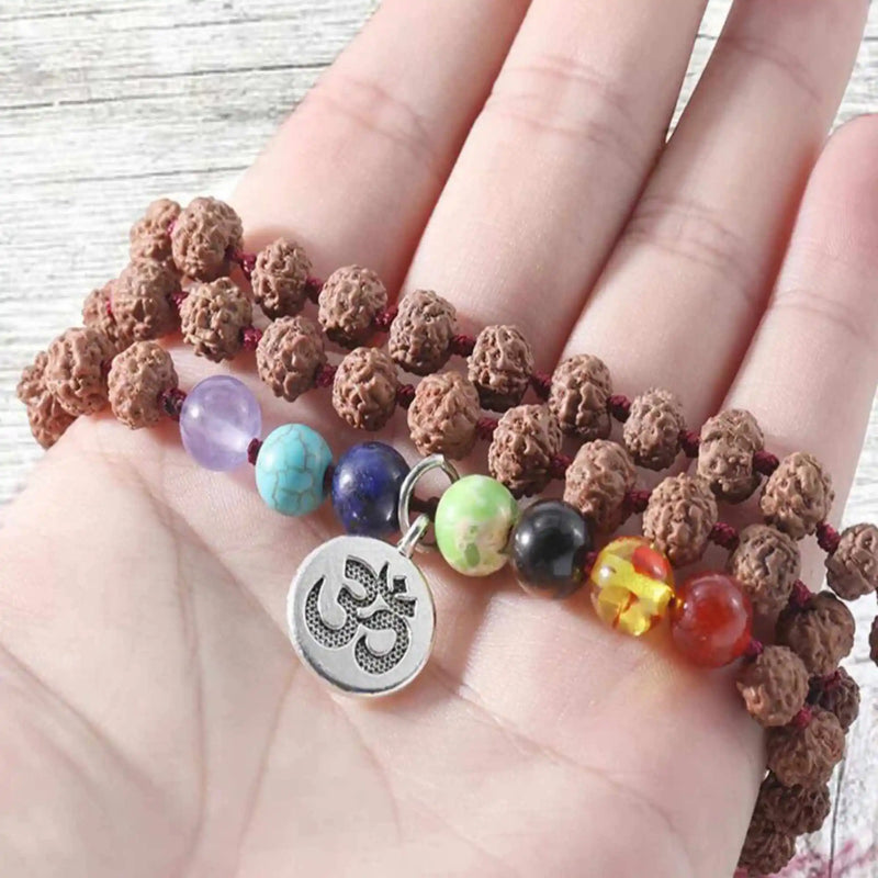 8mm Brown Rudraksha 7 Chakras 108 Knot Necklace Restore Yoga Pray Relief