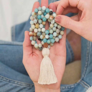 Amazonite Rudraksha Necklace with Taseel for Yoga Chakra Healing