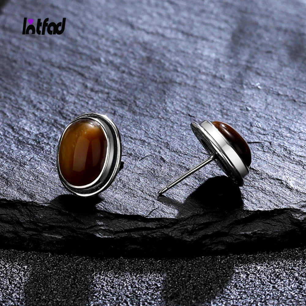 Vintage Style Tiger's Eye Stud Earrings in Sterling Silver 925