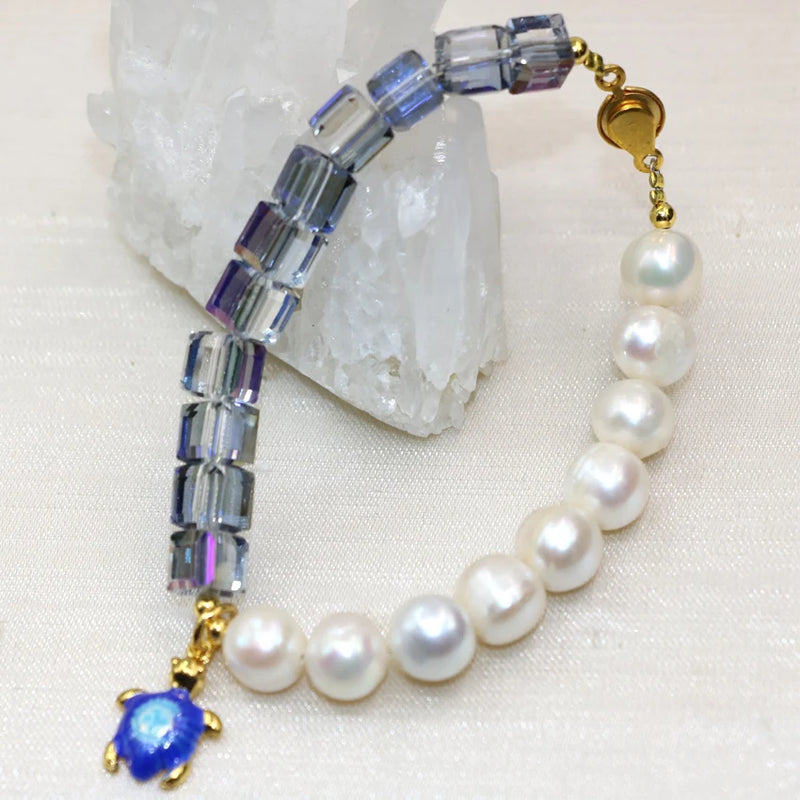 9-10mm Pearl Beads Strand Bangle Bracelet Crystal Cloisonne Women Jewelry