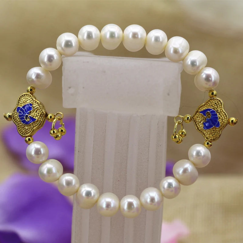 9-10mm Pearl Bead Bracelet with Cloisonne Detail