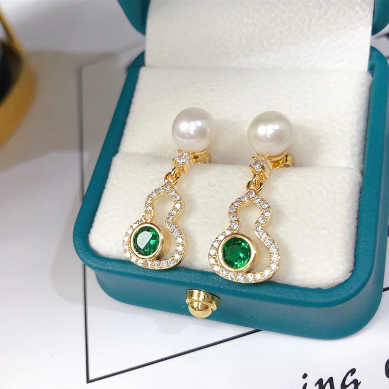 925 Silver Freshwater Pearl & Green Zircon Gourd Earrings