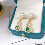 925 Silver Freshwater Pearl & Green Zircon Gourd Earrings