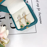 925 Silver Freshwater Pearl & Green Zircon Gourd Earrings