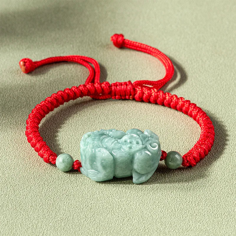 Burma Jade Pixiu Bracelet Hand-woven Red Brown Rope