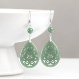 Burma Jade Vintage Hollow Out Earrings Beans S925 Silver Jadeite Inlaid