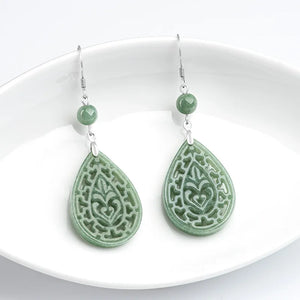 Burma Jade Vintage Hollow Out Earrings Beans S925 Silver Jadeite Inlaid