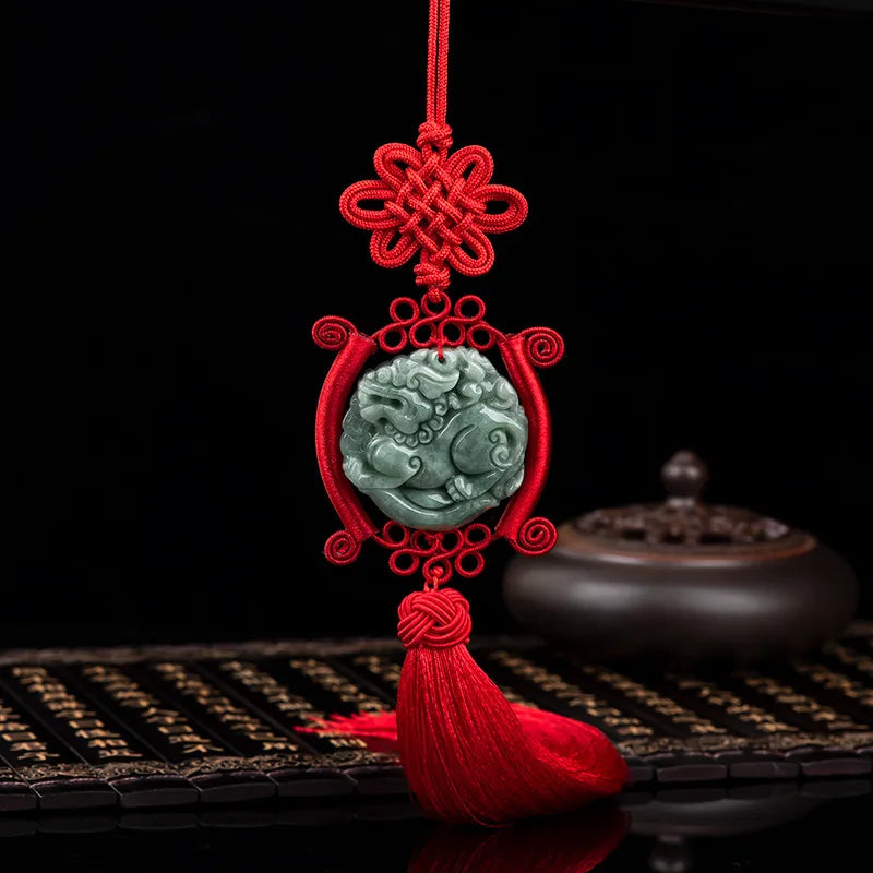 High-end Burma Jadeite Pixiu Car Pendant Jiechang Tassels Jade Charms
