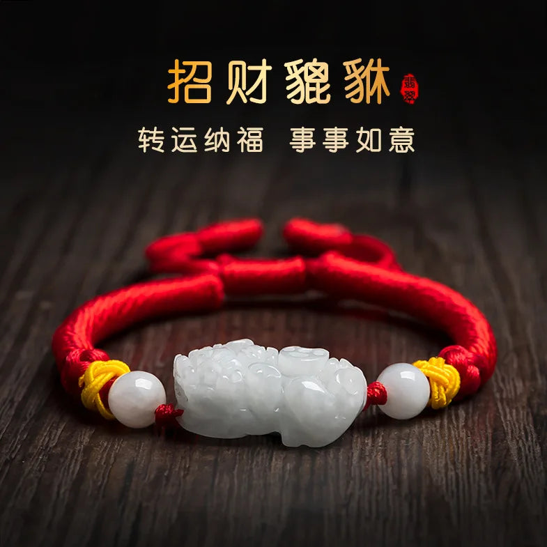 Natural A Jade PiXiu Hand Woven Red Rope Bracelet Jewelry Gift