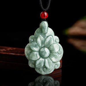 Green Jadeite Longevity Flower Pendant Necklace