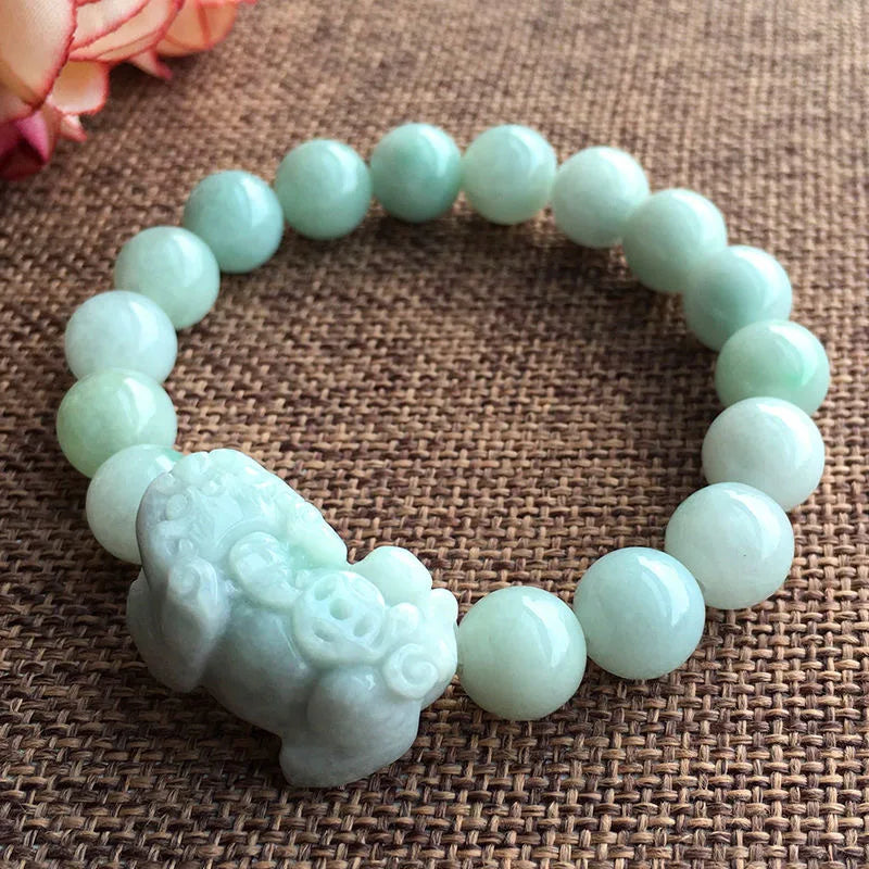 Natural A Jadeite Hand Carved Pixiu Jade Bracelet 10mm Bead