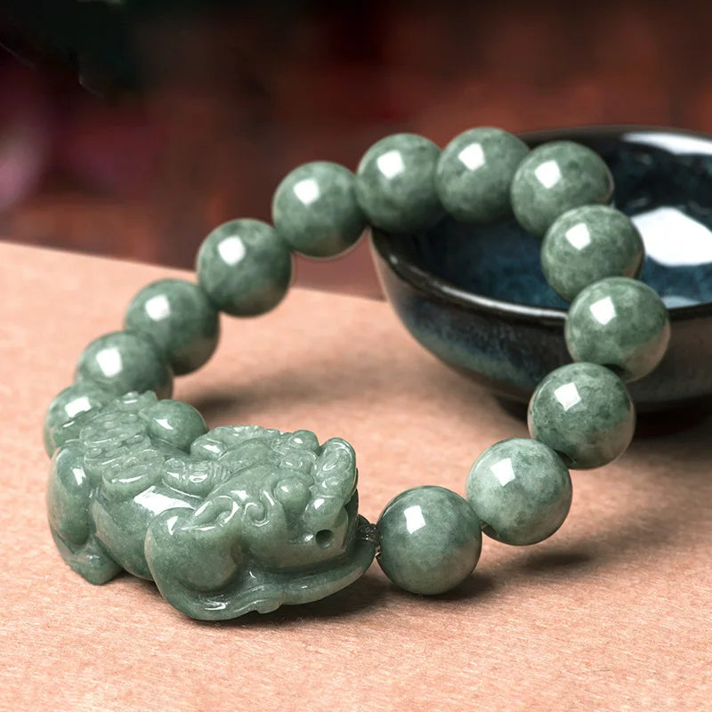 Deep Bean Green Jadeite Hand String Ice Jade Bracelet Men Women