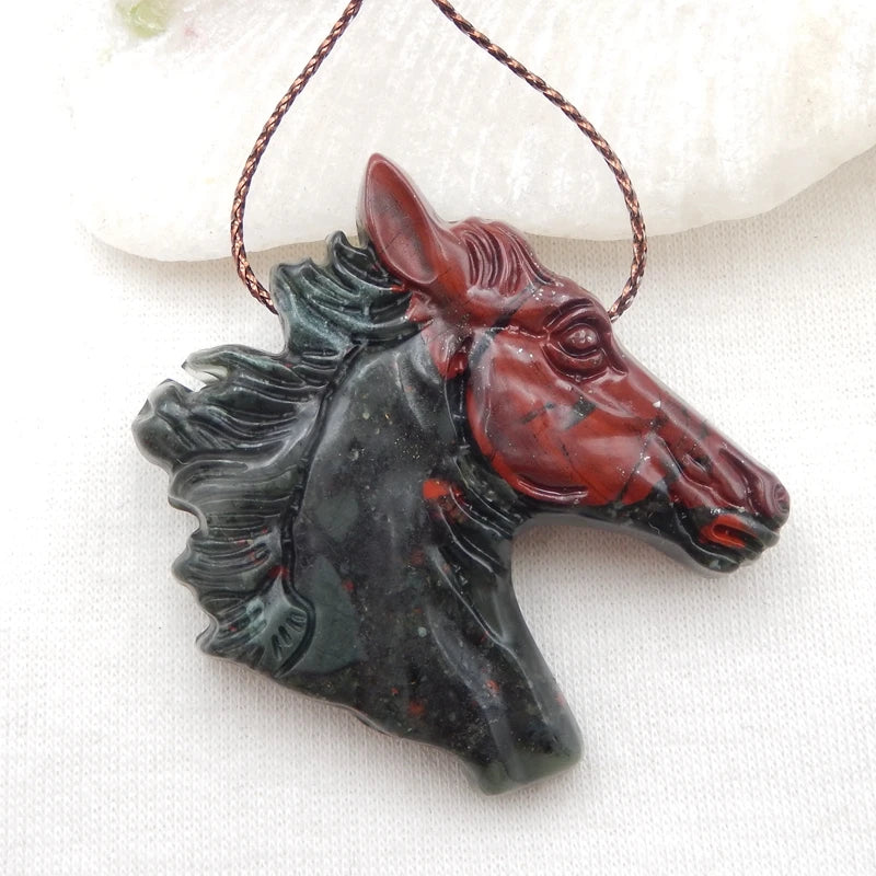 Natural Blood Stone Carved Horse Head Charm Pendant Bead