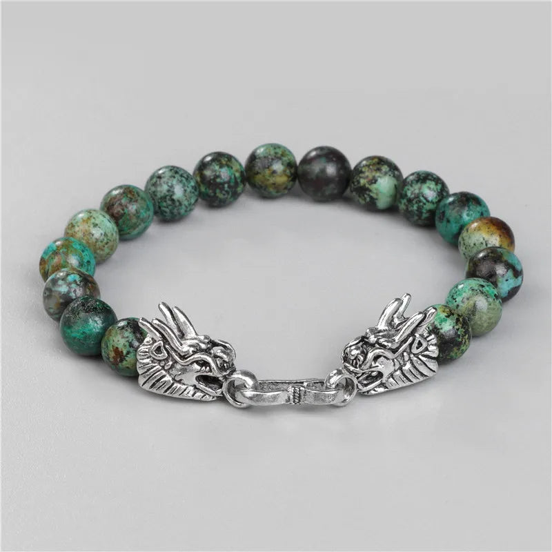 African Stone Agates Beads Bracelet Silver Dragon Head Chain Bracelet