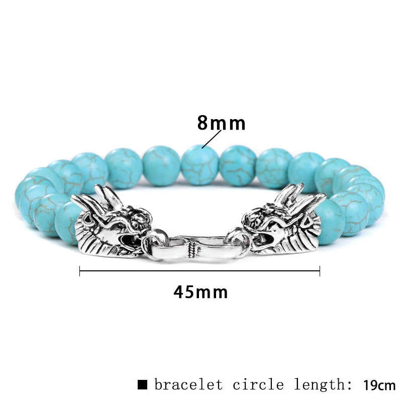 African Stone Agates Beads Bracelet Silver Dragon Head Chain Bracelet