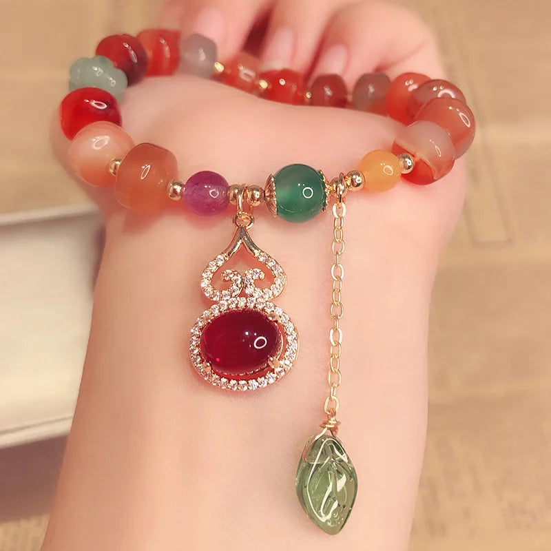 Agate Beaded Bracelet with Gourd Leaf Pendant