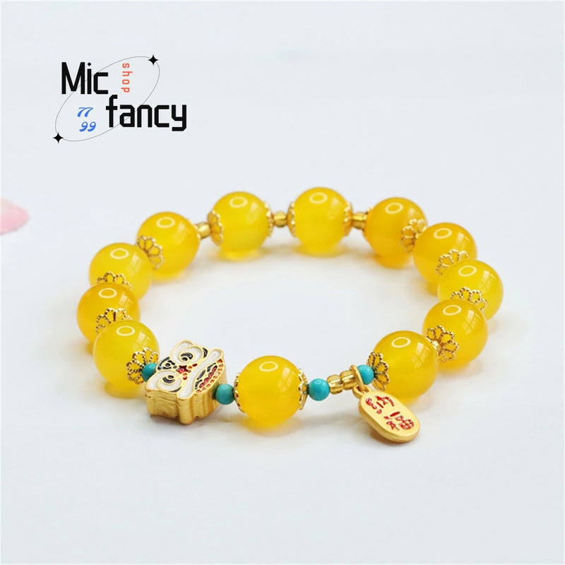 Natural Agate Chalcedony Lion Bracelet Men Women Jewelry Gift