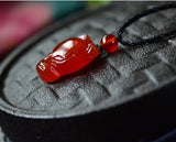 Natural Agate Chalcedony FOX Pendant Necklace Hand-Carved Man Luck Amulet