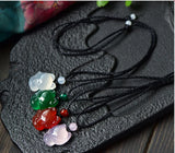 Natural Agate Chalcedony FOX Pendant Necklace Hand-Carved Man Luck Amulet