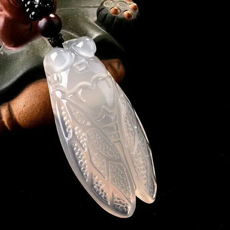 Natural Agate Cigarra Pendant Beads Necklace Charm Hand-Carved Lucky Amulet