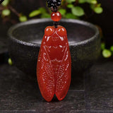 Natural Agate Cigarra Pendant Beads Necklace Charm Hand-Carved Lucky Amulet