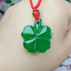 Natural Agate Clover Pendant Necklace Hand-carved Lucky Amulet Sweater Chain