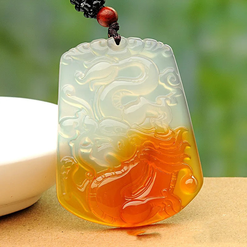Natural Agate Ice Kind Chalcedony Dragon Pendant for Men and Women