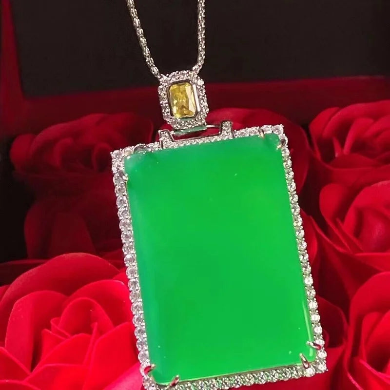 Agate Inlaid with High Ice Green Chalcedony Square Pendant Necklace