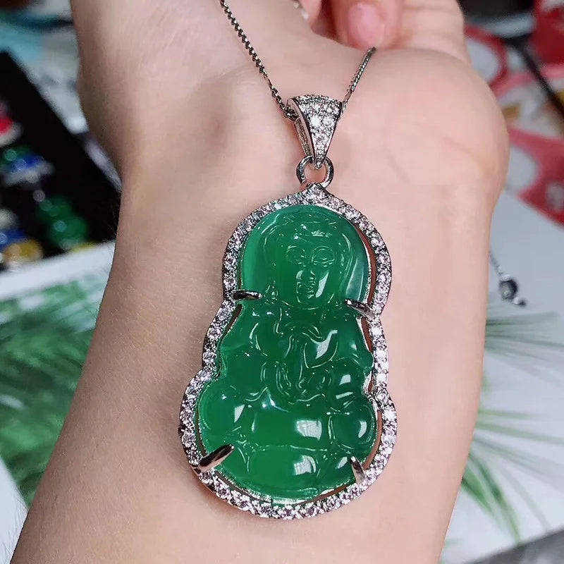 Natural Agate Inlaid Ice-green Chalcedony Guanyin Pendant Safe Jewelry