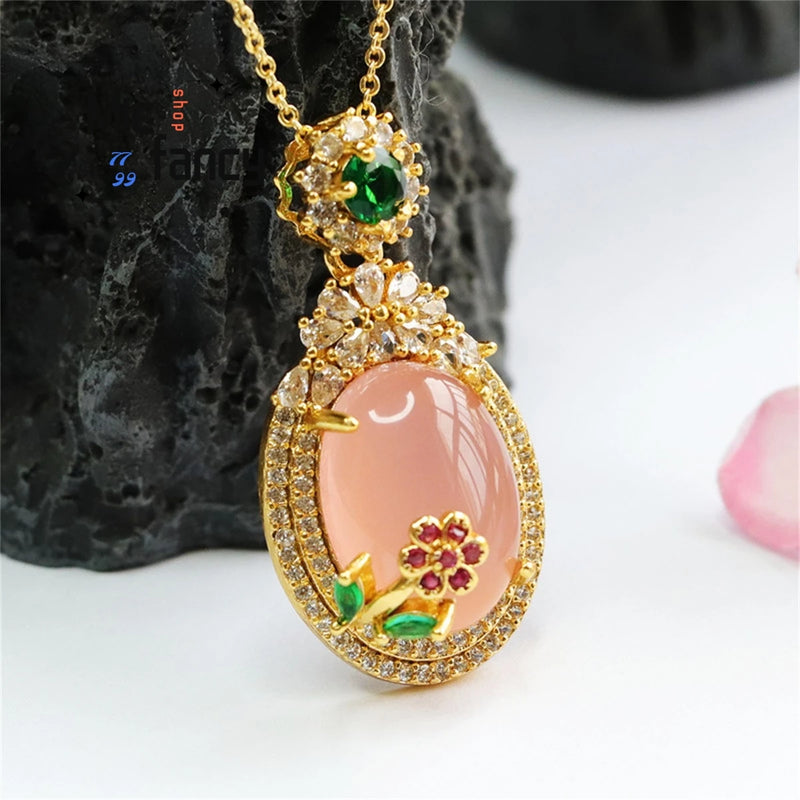 Natural Agate Powder Chalcedony Egg Pendant Necklace Women Fashion Jewelry