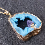 Agate Quartz Geode Slice Pendant Crystal Amethyst Inlaid Necklace