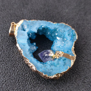 Agate Quartz Geode Slice Pendant Crystal Amethyst Inlaid Necklace