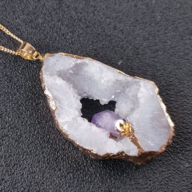 Agate Quartz Geode Slice Pendant Crystal Amethyst Necklace