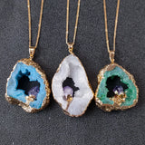 Agate Quartz Geode Slice Pendant Crystal Amethyst Inlaid Necklace