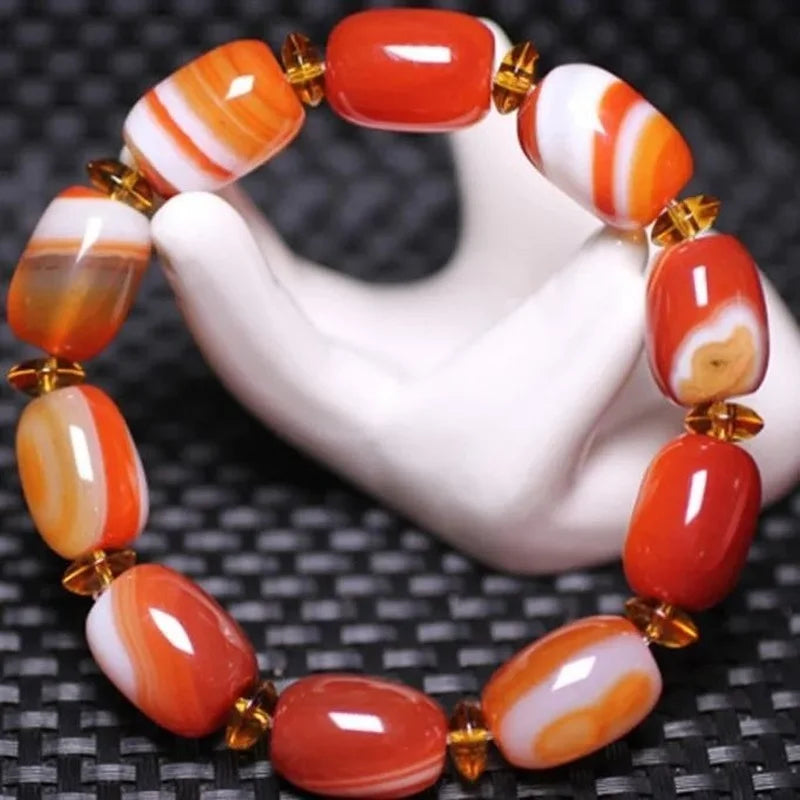 Agate Red Silk Barrel Beads Bracelet Men Women Jewelry