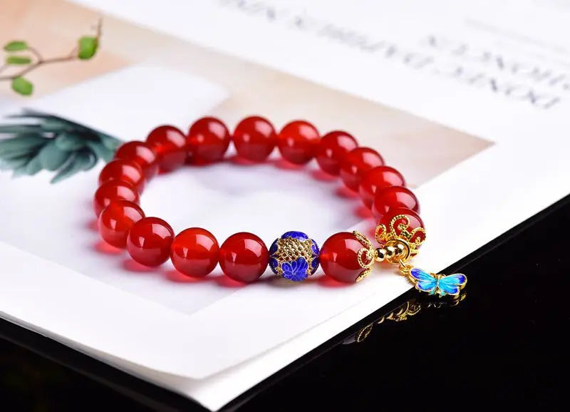 10mm Natural Agates Beads Bracelet with Cloisonne Butterfly Women Crystal Bangle