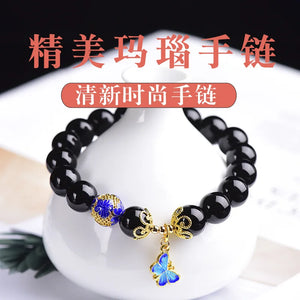 10mm Natural Agates Beads Bracelet with Cloisonne Butterfly Women Crystal Bangle