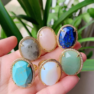 Natural Agates Pink Quartz Lapis Labradorite Opal Stone Cuff Ring