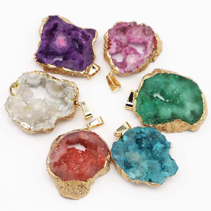 Agates Raw Stone Slice Pendant Necklace Crystal Plating Geode Charms
