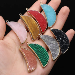 Agates Stone Pendant Moon Shape Tiger Eye Rose Quartz Charms 16x43mm