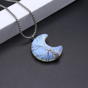 Agates Stone Pendant Necklace Silver Moon Shape Natural Malachites