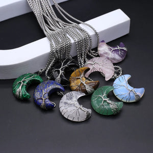 Agates Stone Pendant Necklace Silver Moon Shape Natural Malachites