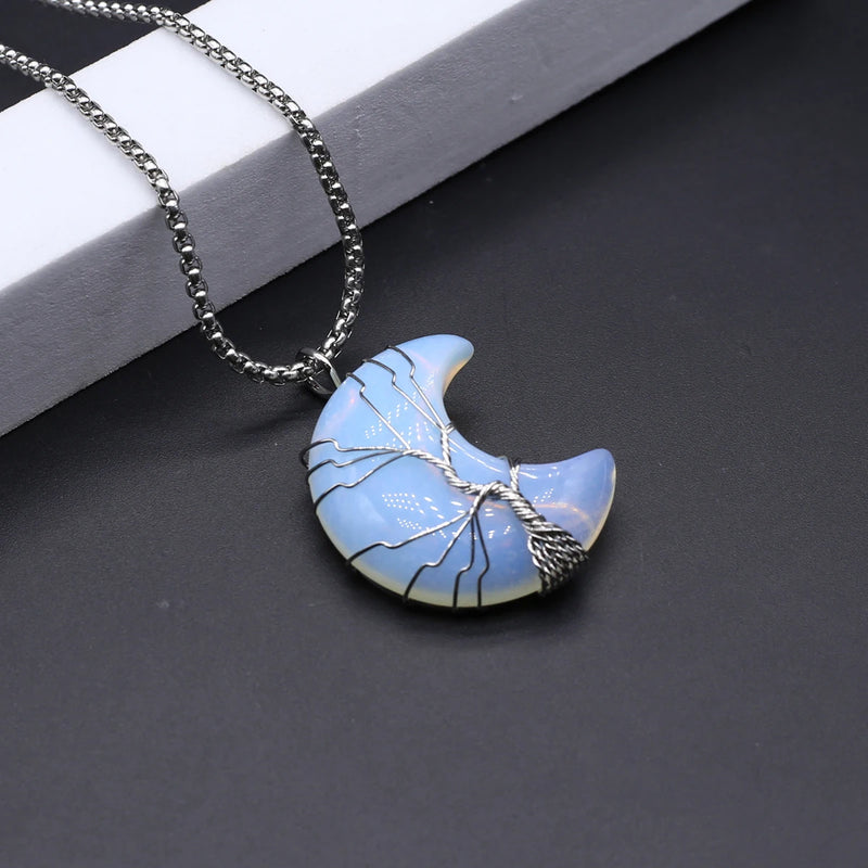 Agates Stone Pendant Necklace Silver Moon Shape Natural Malachites