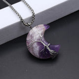 Agates Stone Pendant Necklace Silver Moon Shape Natural Malachites