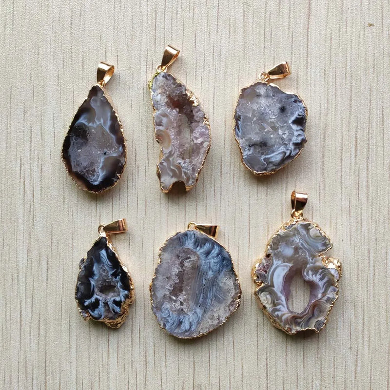 Natural Agates Slice Geode Irregular Pendants for Necklaces 6pcs