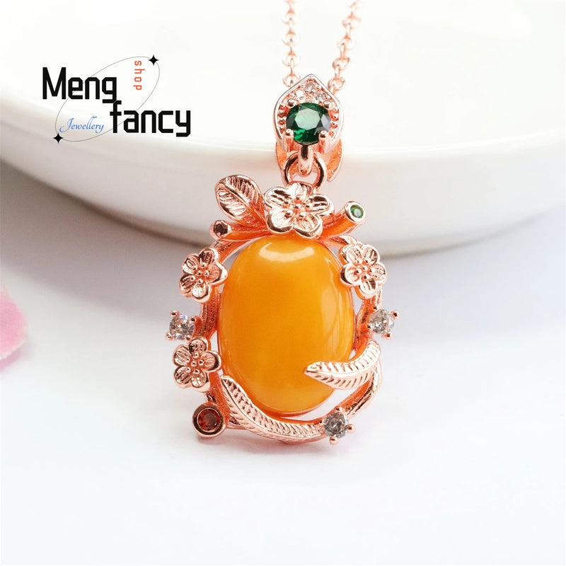 Natural Amber Old Honey Wax Egg Pendant Necklace Women Jewelry