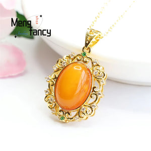 Natural Amber Old Material Full of Honey of Wax Egg Face Pendant Necklace