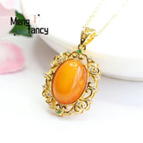 Natural Amber Old Material Full of Honey of Wax Egg Face Pendant Necklace
