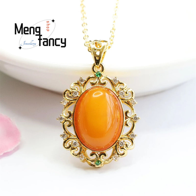 Natural Amber Old Material Full of Honey of Wax Egg Face Pendant Necklace